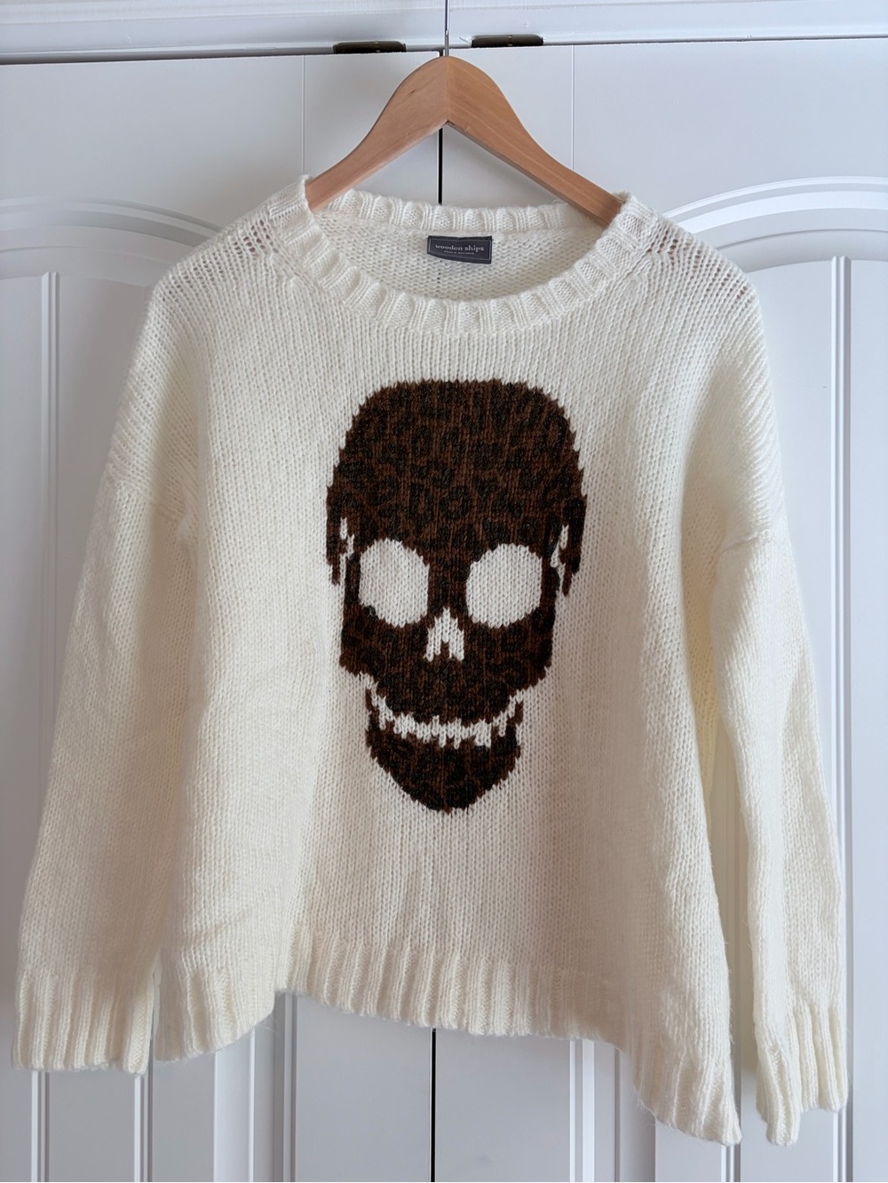 Wooden Ships Skull Sweater Mohair Wool Blend Ivory Brown Design Women's Sz XS/S